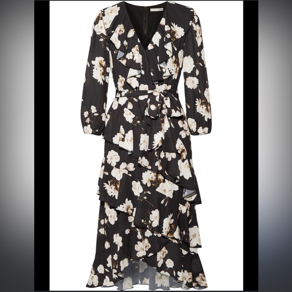 Alice & Olivia Kye Ruffle Floral Print Crepe Midi Dress - Picture 2 of 4
